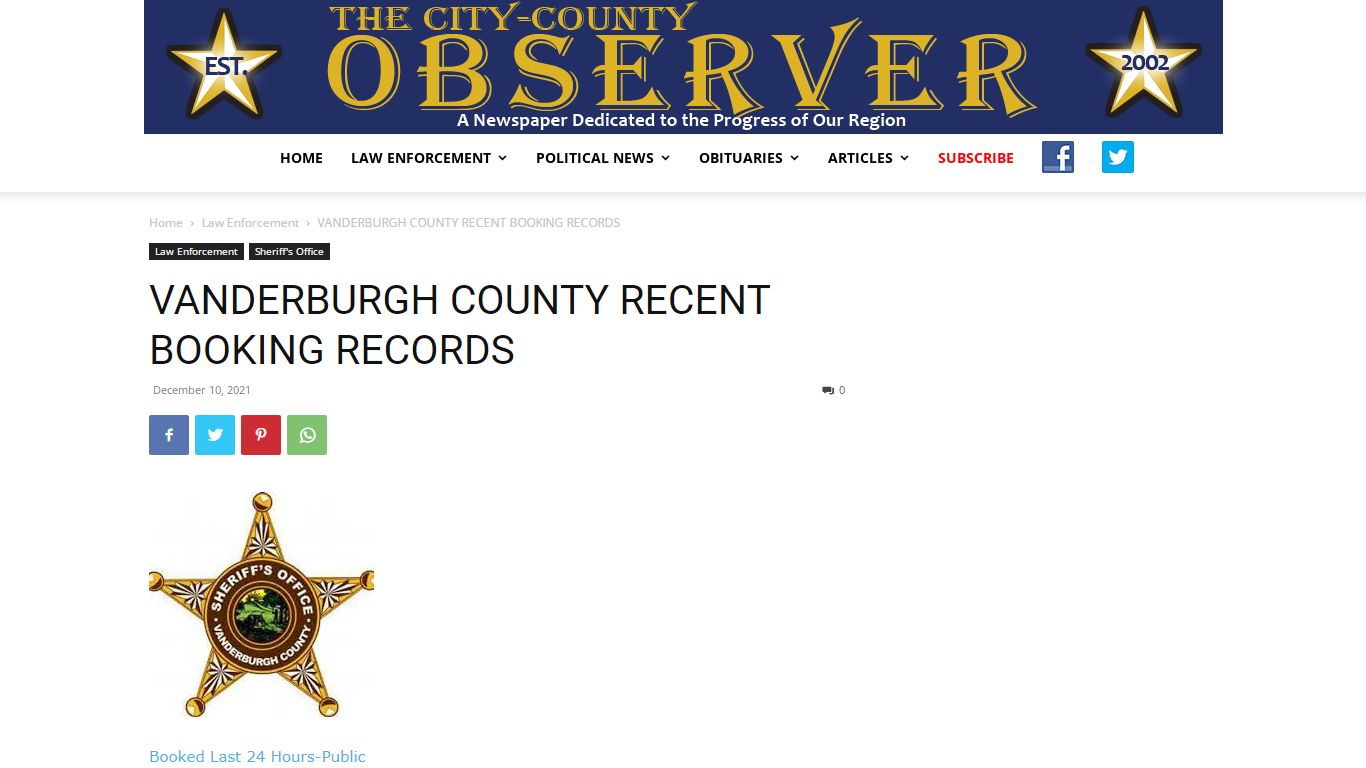 VANDERBURGH COUNTY RECENT BOOKING RECORDS - City-County ...